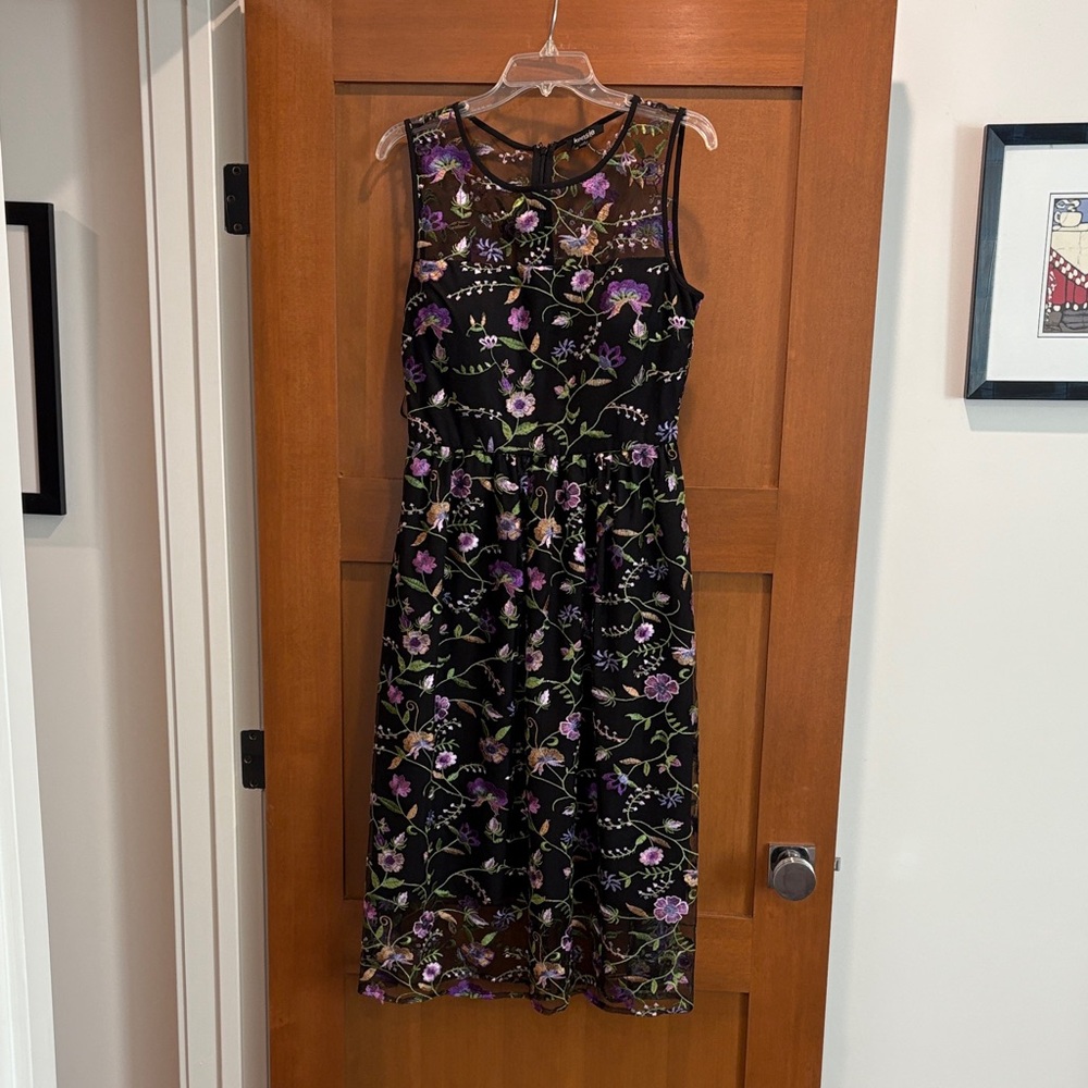 Kensie Black and Purple Floral Embroidered Midi Dress